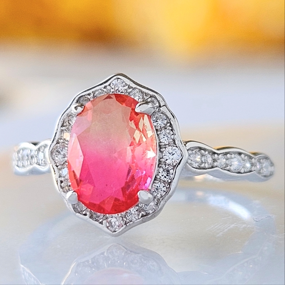 Pink & Peach Tourmarine Gemstone Ring, 925 Sterling Silver Charmed Aroma